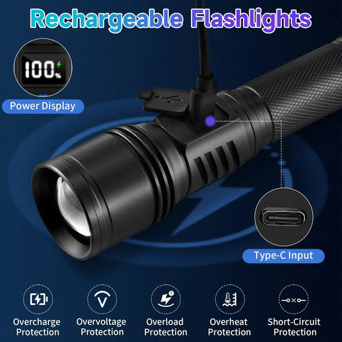 Rechargeable LED Flashlight 2 Pack High Lumens Handheld Tactical Torch With LCD Power Display Five Modes And Adjustable Focus