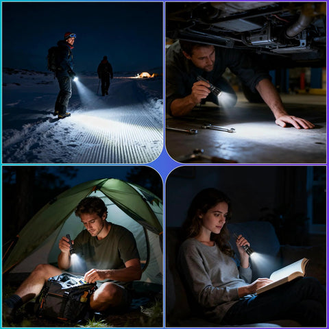Rechargeable LED Flashlight 2 Pack High Lumens Handheld Tactical Torch used in camping, car repair, outdoor, and reading scenes