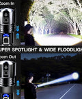 Rechargeable LED Flashlight 99000 Lumens Ultra Bright Zoomable Head USB C Fast Charge in action, spotlight and floodlight modes