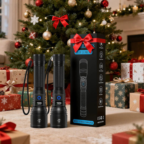 Rechargeable LED Flashlight 2 Pack High Lumens Handheld Tactical Torch With LCD Power Display near Christmas gifts and tree.