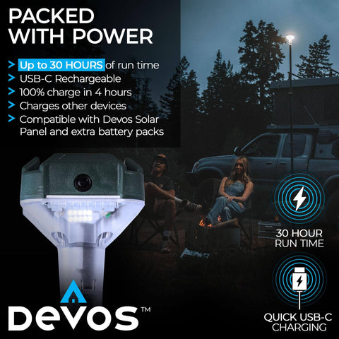 LightRanger 800 Lumen Lantern for Camping and Emergencies illuminating a campsite with trees and a parked car at night, telescoping pole visible.