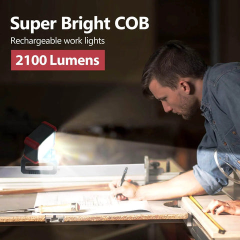 Rechargeable LED Clip On Work Light With Clamp 2 Pack 2100 Lumen COB Magnetic Work Lights in use on workbench