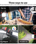 Rechargeable LED Clip On Work Light With Clamp 2 Pack 2100 Lumen COB Magnetic Work Lights shown in three uses