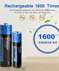 Rechargeable AA and AAA lithium batteries with 1600 cycle use, showcasing AA 3500mWh and AAA 1100mWh capacity, eco-friendly design.