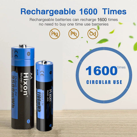 Rechargeable AA and AAA lithium batteries with 1600 cycle use, showcasing AA 3500mWh and AAA 1100mWh capacity, eco-friendly design.
