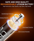 Graphic showing features of Rechargeable AA And AAA Lithium Batteries 8 Slot Charger 3800mWh, including safety protections.