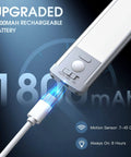 Close-up of 10inch Under Cabinet Lighting showing USB-C charging, motion sensor, and battery specs in 2 Pack Rechargeable Motion Sensor Light Indoor.