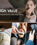 Collage showing uses of Rechargeable NiMH AA And AAA Batteries Kit 12 AA 2500mAh 12 AAA 1000mAh in walkie-talkie, clock, remote, and device