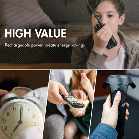 Collage showing uses of Rechargeable NiMH AA And AAA Batteries Kit 12 AA 2500mAh 12 AAA 1000mAh in walkie-talkie, clock, remote, and device