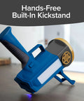 As Seen On TV Mega Bright Rechargeable Spotlight with built-in kickstand, blue handle, used for camping, emergencies, walking.