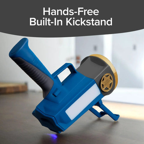 As Seen On TV Mega Bright Rechargeable Spotlight with built-in kickstand, blue handle, used for camping, emergencies, walking.