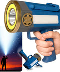 As Seen On TV Mega Bright Rechargeable Spotlight With 10 Modes And Turbo Boost Up To 100 Percent, handheld blue design with star emblem
