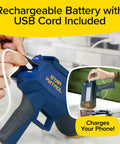 As Seen On TV Mega Bright Rechargeable Spotlight with USB phone charging capability, shown in use, for camping and emergencies.