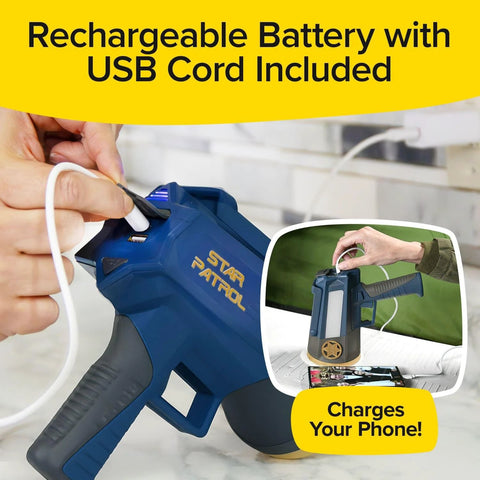 As Seen On TV Mega Bright Rechargeable Spotlight with USB phone charging capability, shown in use, for camping and emergencies.