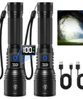 Rechargeable LED Flashlight 2 Pack High Lumens Handheld Tactical Torch With LCD Power Display Five Modes And Adjustable Focus For Home Emergencies Camping Trips Power Outages Outdoor Safety Survival Kits And Practical Gifts For Men