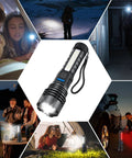 Rechargeable flashlight with 7 modes and USB-C charging delivers high-lumen, reliable light for home emergencies, camping, hunting, and outdoor tasks, featuring a power indicator and rugged build in a convenient dual-pack set shown in various outdoor activities