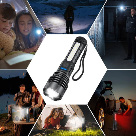 Rechargeable flashlight with 7 modes and USB-C charging delivers high-lumen, reliable light for home emergencies, camping, hunting, and outdoor tasks, featuring a power indicator and rugged build in a convenient dual-pack set shown in various outdoor activities