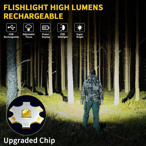 Rechargeable flashlight with 7 modes and USB-C charging delivers high-lumen, reliable light for home emergencies, camping, hunting, and outdoor tasks, featuring a power indicator and rugged build in a convenient dual-pack set.