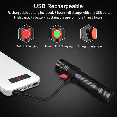 Rechargeable USB LED Flashlight With 2000 Lumens Zoomable Beam connected to power bank for charging