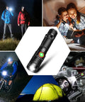 Rechargeable USB LED Flashlight With 2000 Lumens Zoomable Beam shown in various outdoor uses including camping and biking