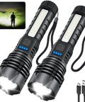 Rechargeable flashlight with 7 modes and USB-C charging delivers high-lumen, reliable light for home emergencies, camping, hunting, and outdoor tasks, featuring a power indicator and rugged build in a convenient dual-pack set.