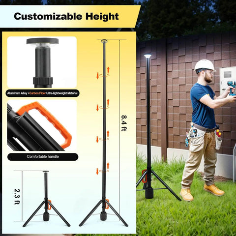 All Purpose 360 Degree Rechargeable Work Light With Remote Telescopic Stand Extends From 2.3 Feet To 8.4 Feet shown outdoors.