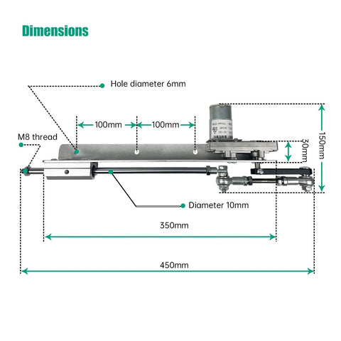 Diagram showing dimensions of Reciprocating Linear Actuator With Adjustable Telescopic Rocker Arm Heavy Duty Gear Motor DC 24V