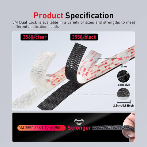 Beefy Heavy Duty Reclosable Fastener Strips 1/2 In By 7.5 Ft Industrial Strength Self Mating Interlocking Mushroom Heads With High Tack Adhesive For Indoor Outdoor Use Ideal For Home Office Decor Projects And Quick Mounts product showing clear and black strips, adhesive backing, and text specifications.
