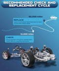 Diagram showing recommended replacement cycle for shocks and struts at 50,000 miles and check at 12,000 miles, highlighting vehicle chassis.