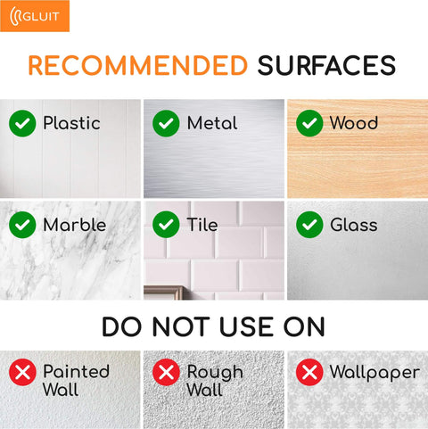 Image showing recommended surfaces for using Heavy Duty Double Sided Tape 16.5 Feet Clear Mounting Tape For Walls And Surfaces Crazy Sticky Yet Gentle On Walls Removable Adhesive Washable Reusable Nano Gel Wall Tape For Posters Cars Home Holds Up To 17.5 Lbs including plastic, metal, wood, marble, tile, and glass; not recommended for painted walls, rough walls, and wallpaper.