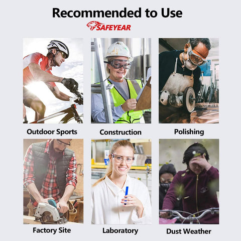 Various uses of Anti Fog Safety Glasses With Scratch Resistant Lenses for sports, construction, lab work, and grinding.
