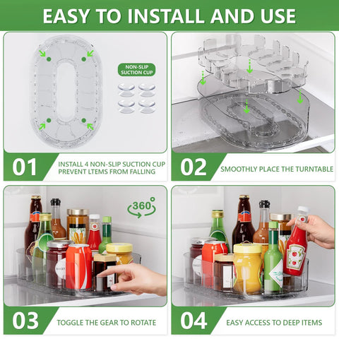 Steps to install 2 Pack Rectangular Lazy Susan Turntables For Refrigerator And Kitchen Storage, showing suction cups and rotation