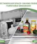 Rotating Refrigerator Lazy Susan Organizer in fridge holding condiments and produce, clear PET 360-degree turntable.