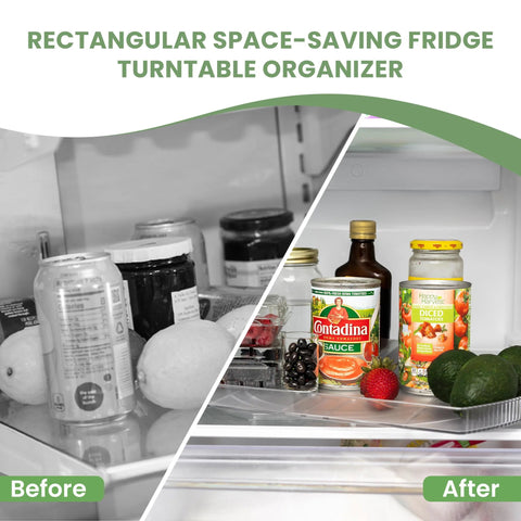 Rotating Refrigerator Lazy Susan Organizer in fridge holding condiments and produce, clear PET 360-degree turntable.