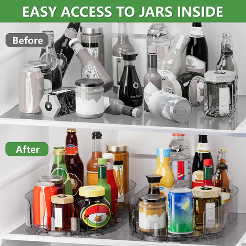 Before and after using 2 Pack Rectangular Lazy Susan Turntables For Refrigerator And Kitchen Storage, showcasing clear rotating organizers.