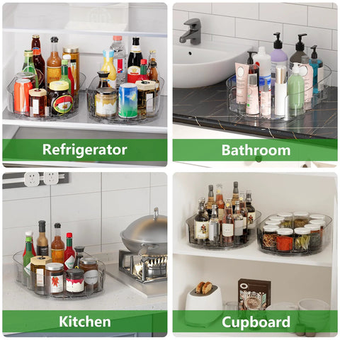 2 Pack Rectangular Lazy Susan Turntables For Refrigerator And Kitchen Storage, 360 Degree Rotating Clear Organizers shown in use
