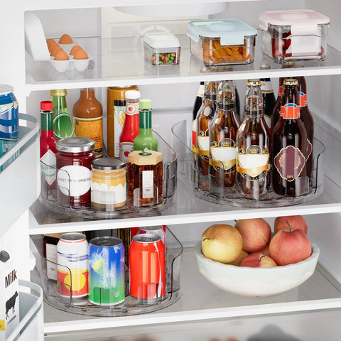 2 Pack Rectangular Lazy Susan Turntables For Refrigerator And Kitchen Storage, 360 Degree Rotating Clear Organizers holding beverages