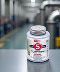 Container of No 5 Pipe Thread Sealant That Keeps Threads Moving Smoothly With A Non Hardening Slow Drying Formula 8 Oz By RectorSeal on table.