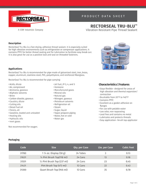 Product data sheet showing Fast Dry PTFE Enriched Pipe Thread Sealant For High Vibration Plumbing And Thermal Expansion RectorSeal Tru Blu 31631.