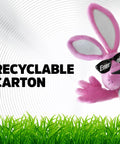 Energizer mascot with sunglasses and text reading 'Recyclable Carton' beside green grass.