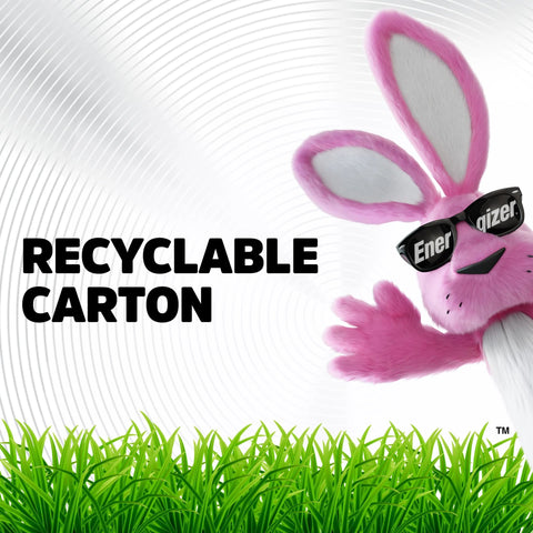 Energizer mascot with sunglasses and text reading 'Recyclable Carton' beside green grass.