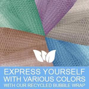 Colorful recycled bubble wrap swatches from American Bubble Boy, promoting eco-friendly packing options.