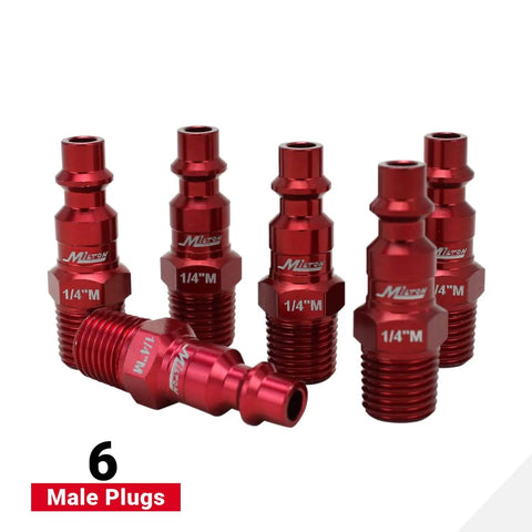 ColorFit M-Style Coupler And Plug Kit Red 1/4 Inch NPT, 14-Piece Set showing six red male plugs with anodized finish.
