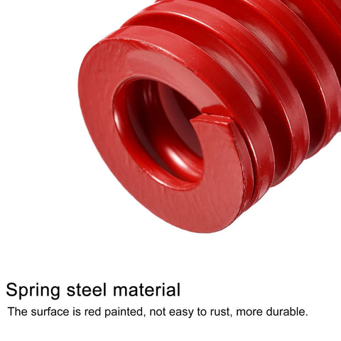Close-up of two-piece red 25mm die springs, 30mm free length, 65Mn material, medium-load compression for die machinery and 3D printer parts.