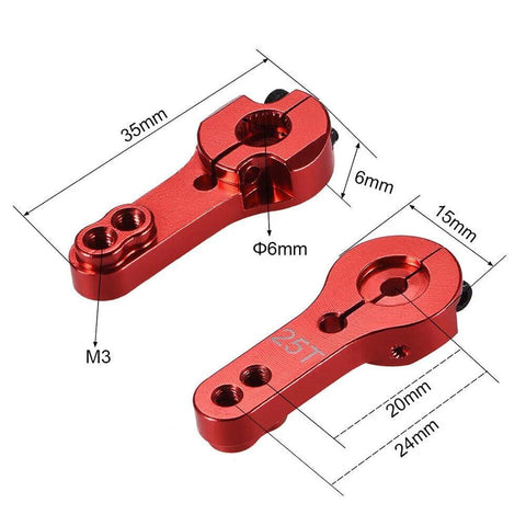 Red 5 Pack 25T Aluminum Servo Horn with M3 Threads Metal Steering Arm for RC Cars Trucks Buggies and Airplanes shown with dimensions