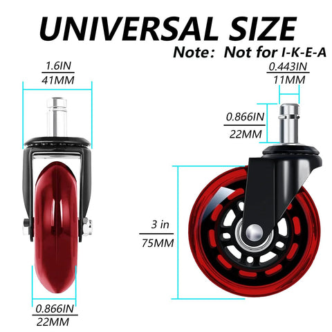 Three Inch Red Transparent Office Chair Wheels Set Of Five Swivel Casters For Carpet And Hard Floors Smooth And Quiet