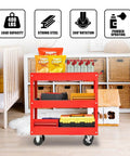 Three Tier Stainless Steel Service Cart With Smooth Rolling Wheels For Garage, Warehouse, And Workshop, 400 Pound Capacity, Heavy Duty Utility Cart With Lockable Casters, Easy Assembly, Built To Haul Tools And Parts By Big Red, shown in room with storage items and chips on top.
