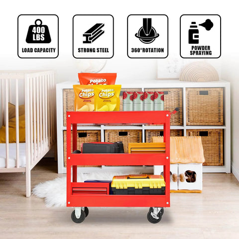 Three Tier Stainless Steel Service Cart With Smooth Rolling Wheels For Garage, Warehouse, And Workshop, 400 Pound Capacity, Heavy Duty Utility Cart With Lockable Casters, Easy Assembly, Built To Haul Tools And Parts By Big Red, shown in room with storage items and chips on top.