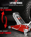 Low Profile 3 Ton Racing Floor Jack With Dual Pistons Quick Lift Pump For SUVs And Trucks Aluminum And Steel Construction 58.5 Lb Red Lifting Range 3-15-16 To 18-5-16 Inches Includes Rubber Saddle And Heavy Duty Design shown in red by car wheel.