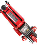 Top view of a red Beefy 3 Ton Hydraulic Trolley Floor Jack With Extra Saddle For SUVs And Extended Height Trucks by Big Red Torin